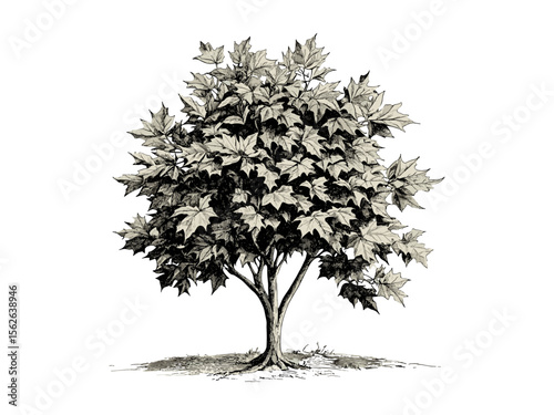 Sweetgum Tree hand-drawn illustration, old engraving style, fall leaves, vintage botanical sketch, woodland flora art, retro forest design, nature decor, autumn foliage drawing, rustic style