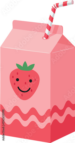 Strawberry juice carton with smiling fruit and red striped straw vector design for healthy beverage packaging