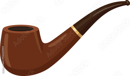 Classic wooden tobacco smoking pipe with curved stem and gold ring detail vector illustration