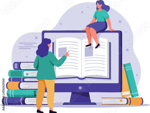 Digital learning concept with woman reading online book on computer screen and books stacked around in flat design