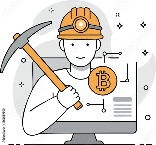 Bitcoin cryptocurrency miner with pickaxe and helmet working on digital currency mining concept vector illustration