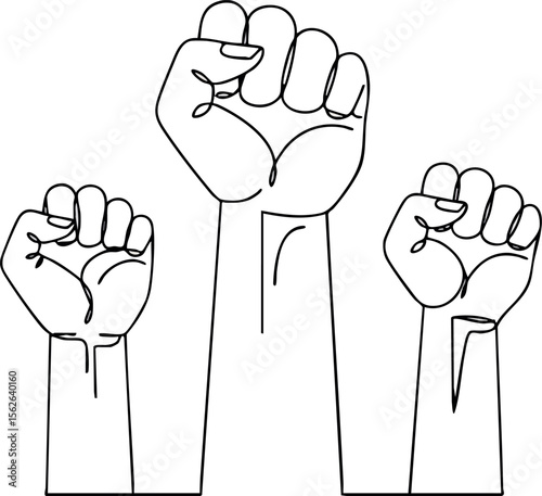 Raised fists symbolizing unity strength and protest together in black and white vector illustration