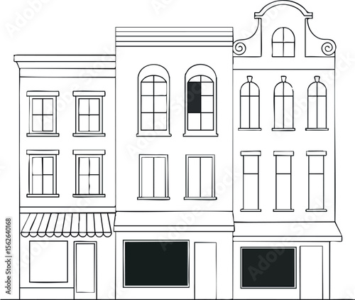 Vintage European style buildings with shops and detailed facades in black and white line art vector illustration
