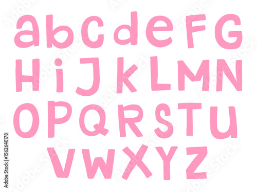 Hand Drawn Pink Alphabet Character Set. A playful collection of hand drawn flat style pink letters including all uppercase and lowercase form in a rounded cartoon style perfect for projects typography