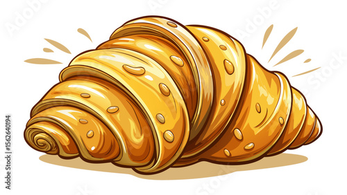 A buttery croissant, with golden flaky layers spiraling out, rests on a white surface with a few crumbs scattered around, glowing with soft natural light from above.