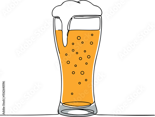 Beer glass filled with frothy golden beer in minimalist continuous line art style for beverage design