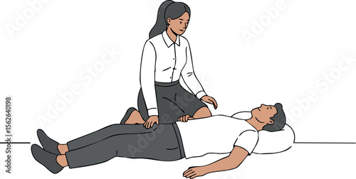 Woman performing first aid CPR on man lying down in emergency response training vector illustration