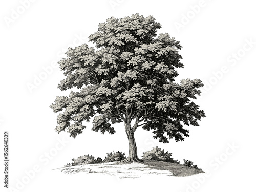 Hand-drawn vintage illustration, old engraving style beech tree, beech bark, woodland flora, antique forest print, nature tree art, black sketch, botanical drawing, rustic style