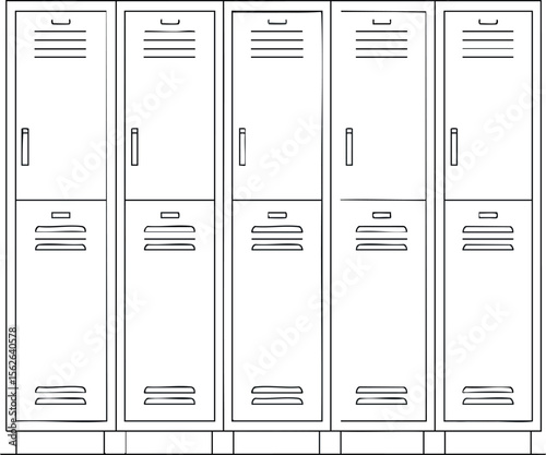 School lockers row black and white vector line art design with ventilation and locker handles