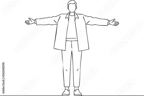 Person with open arms wearing casual outfit standing isolated vector line art design