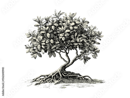 Mangrove roots vintage engraving, hand-drawn botanical sketch, coastal tree illustration, retro woodland flora, antique style art, black sketch, tropical nature drawing, classic tree decor