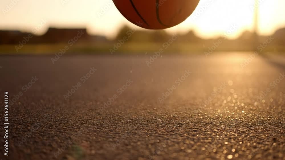 A basketball bouncing on asphalt at sunset, casting a long shadow, with subtle dust particles in the air

