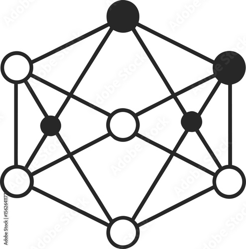 Minimalist outline of interconnected nodes (network/community) with white background.