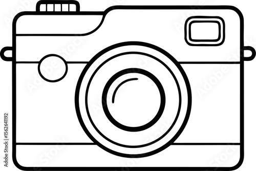 Single line drawing of a vintage camera with white background.