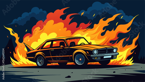 A classic black car with orange accents is engulfed in large, stylized flames against a dark, cloudy sky.