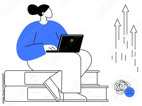 Woman seated on stacked books using a laptop, upward arrows signifying progress, and a tangled thought icon with a sad face. Ideal for education, self-improvement, goal setting, problem-solving