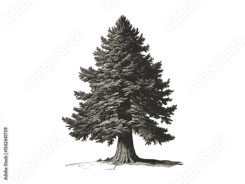Hand-drawn Sequoia Redwood, vintage botanical illustration, old engraving style, towering tree sketch, forest print, eco-friendly home decor, nature art, rustic wall decor, classic tree drawing