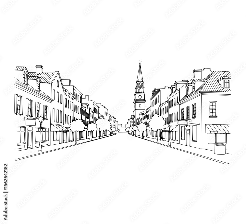 Naklejka premium Line Art of King Street, Charleston
