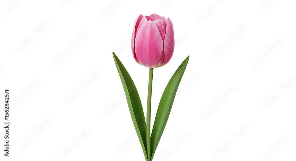 Fototapeta premium A beautiful pink tulip with lush green leaves against a white background