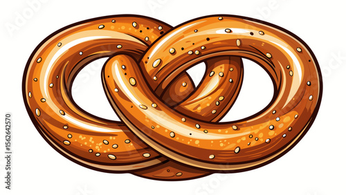 A twisted and salted pretzel, rich brown and glossy, its coarse salt glinting slightly, lies gracefully on a white background, evoking warmth and tradition.