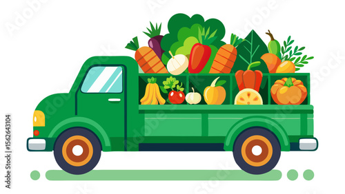 A vibrant green pickup truck loaded with a colorful assortment of fresh, healthy fruits and vegetables, symbolizing farm-to-table delivery or healthy eating.