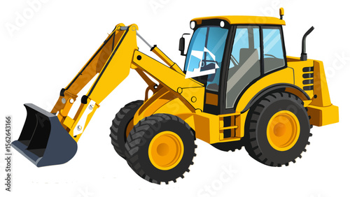 A bright yellow backhoe loader, a heavy construction vehicle with a front loader and rear excavator arm, ready for digging, lifting, and moving earth.