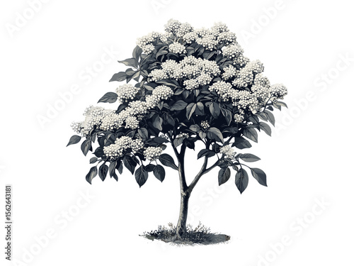 Elder tree botanical engraving, vintage hand-drawn elderberries, rustic decor, black sketch, woodland nature art, retro tree illustration, eco-conscious print, old style engraving