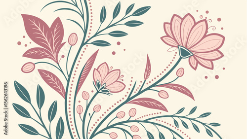 Retro Floral Pattern with Red Blooms and Beige Background
