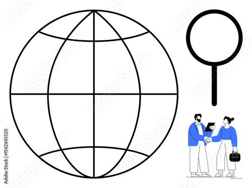 Globe with latitude-longitude grid, magnifying glass, business professionals exchanging documents. Ideal for global research, teamwork, partnerships, communication, business networking, education