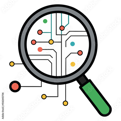 A magnifying glass zooming in on a circuit board, symbolizing technological inspection, data analysis, cybersecurity, or digital problem-solving and research.