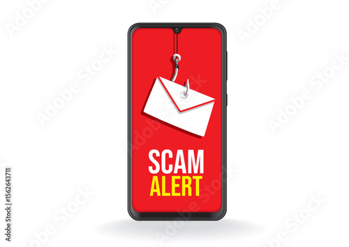 Smartphone screen showcasing a "Scam Alert" message with a fishing hook and envelope symbolizing phishing attempts in online security
