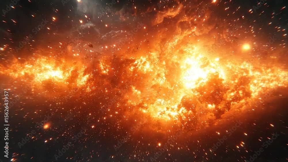 Fiery cosmic nebula with bright orange and yellow hues, depicting intense stellar activity and energy