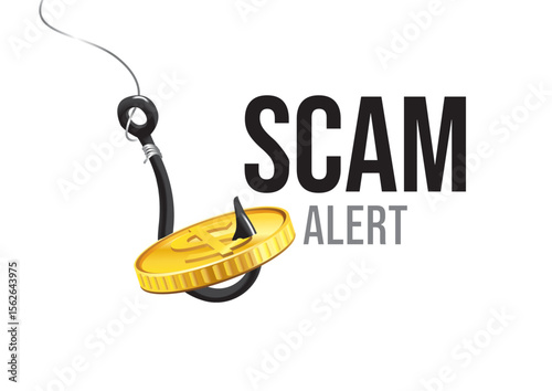 Fishing hook with a gold coin dangling to convey a "scam Alert," emphasizing the dangers of financial scams and fraud