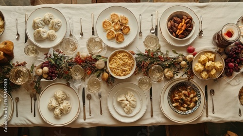 Festive table laden with diverse dishes, garnished with autumnal greenery