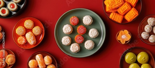 Assorted Asian pastries on red surface