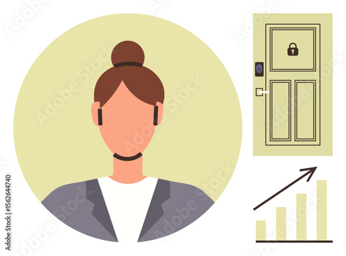 Professional woman wearing a headset, smart locking door with a keypad, and upward bar graph. Ideal for technology, security, communication, business strategy, innovation, progress simple landing