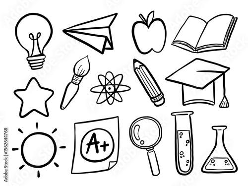 Hand Drawn School Education Doodle Icon. A playful collection of 14 school and science themed icons in bold hand drawn black outline style. Perfect for classroom educational content