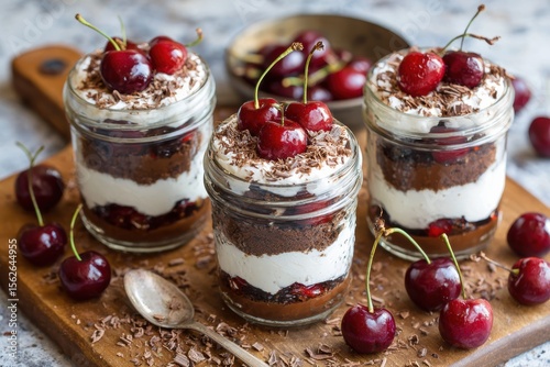 Delicious Chocolate Cherry Parfait in Glass Jars with Whipped Cream, Shaved Chocolate, and Fresh Cherries Perfect for Dessert Lovers and Special Occasions