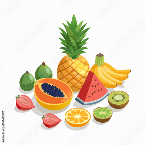 Vibrant Tropical Fruits Pineapple, Papaya, Banana, Watermelon, Kiwi, and More