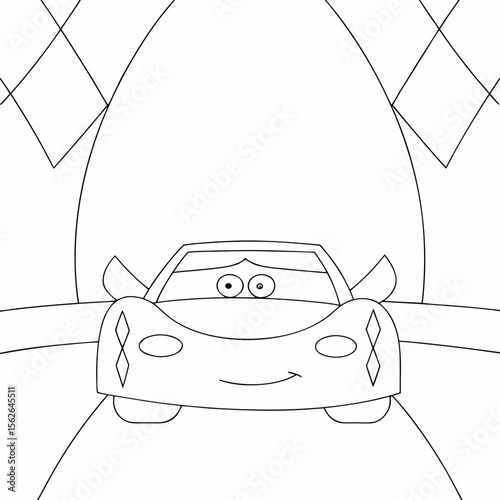 Super Adorable cute small race car line art coloring book page on a white background