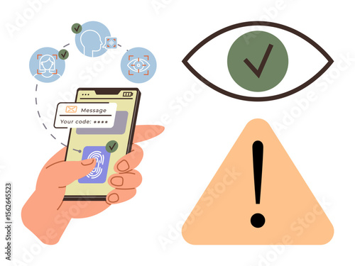 Hand using smartphone with fingerprint scanner and secure code message, icons of face ID, approval, warning triangle. Ideal for cybersecurity, authentication, protection, privacy, vigilance