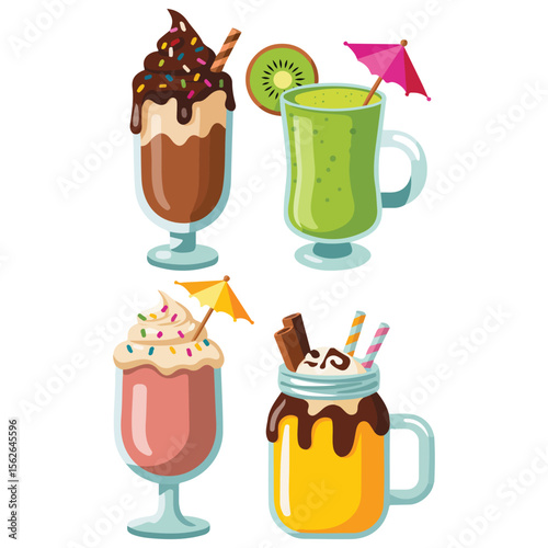Fruit milkshake collection with toppings dessert vector