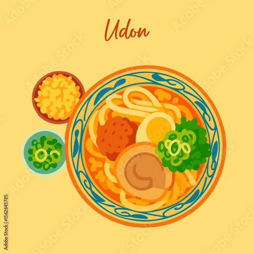 A vector illustration of Udon, a Japanese noodle soup served with tempura and vegetables. A traditional dish from Japan