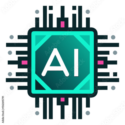 A stylized icon of an AI (Artificial Intelligence) chip, representing advanced computing, machine learning, deep learning, and futuristic technology.