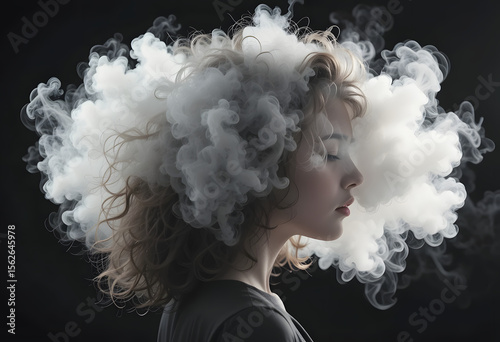 Young Woman with Head in Clouds Representing Mental Health Struggles