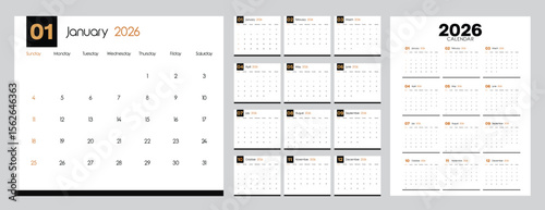 2026 calendar template clipart set. 12 months calendar in minimal lay out clip art collection with days and weekly schedule monthly pages design vector illustration. 
