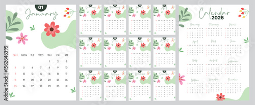 Calendar 2026 flowers template clipart set. Collection of 2026 monthly calendar with flowers and leaves abstract decoration for schedule and planner clip art collection vector illustration. 
