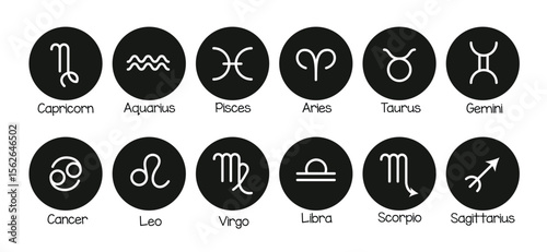 Zodiac signs horoscope icon clipart set. Birth month horoscope symbol with outline drawing clip art for astrology zodiac signs collection vector illustration. 
