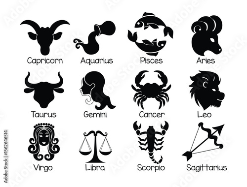 Zodiac signs horoscope silhouette clipart set. Horoscope birth month symbol and icon clip art in silhouette black drawing collection of zodiac astrology vector illustration.    
