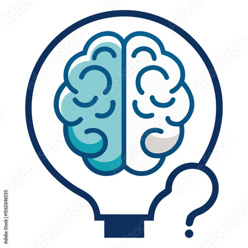 An abstract illustration of a brain inside a lightbulb with a question mark, symbolizing creative thinking, new ideas, problem-solving, and intellectual inquiry.